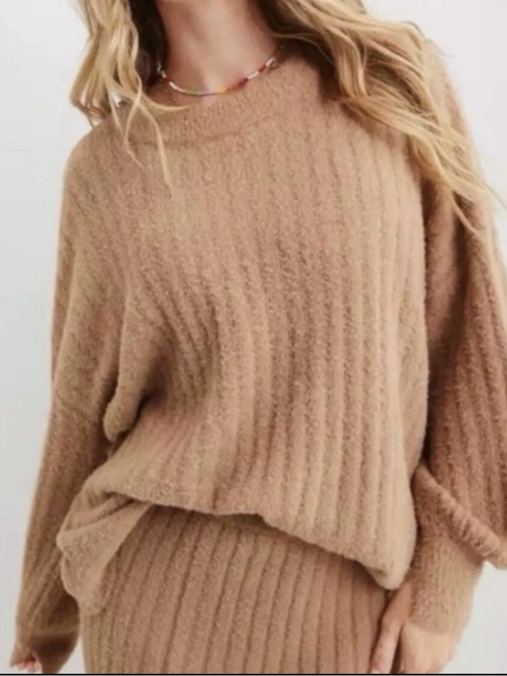 Aerie Buttercream Crew Sweater XL Camel Tan Fuzzy Ribbed Oversized Cozy Knit